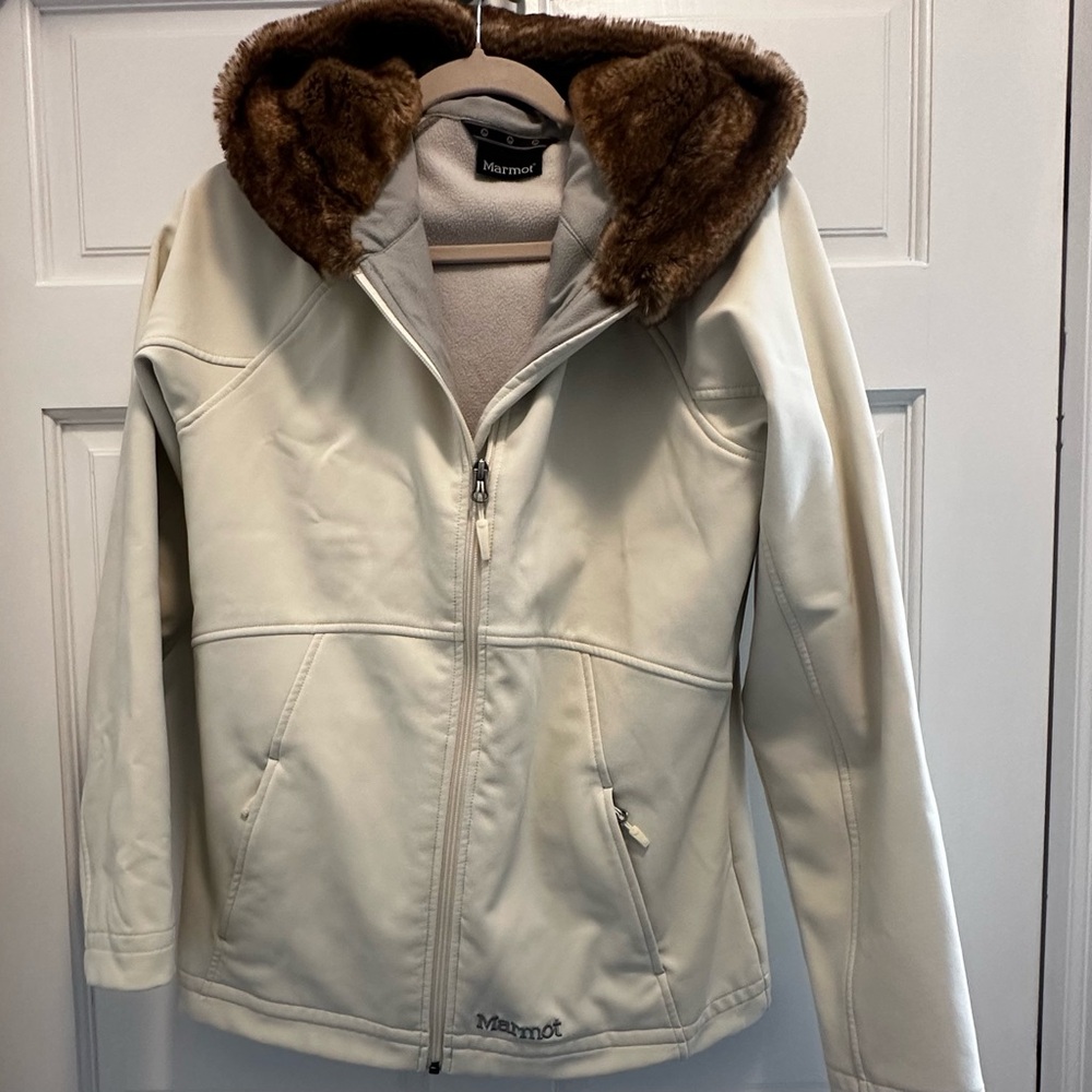Marmot Cream Jacket with Brown Faux Fur Hood